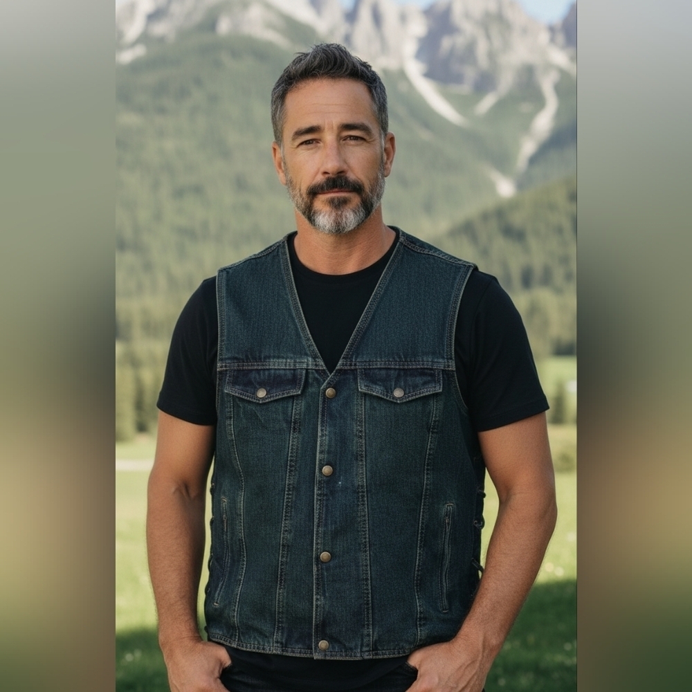 M Boss Motorcycle Apparel Mens Blue Denim Snap Front Side Lace Vest XL
